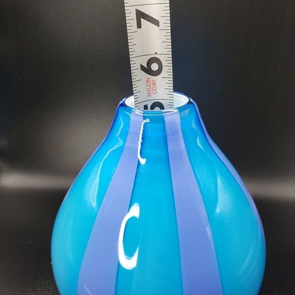 Pier One Blue with Purple Stripe Blown Art Glass Flower Vase 5" Modern - Picture 6 of 7